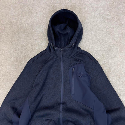 Navy Reebok technical fleece Large y2k style hooded full zip embroidered logo hoodie