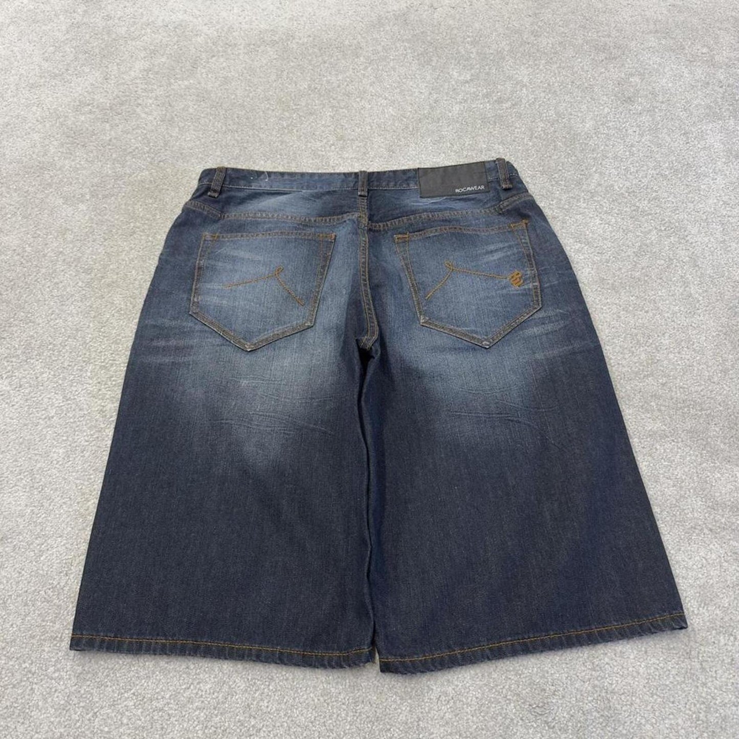 Rocawear baggy Y2K embroidered shorts blue Long leg skater style brand surf jorts