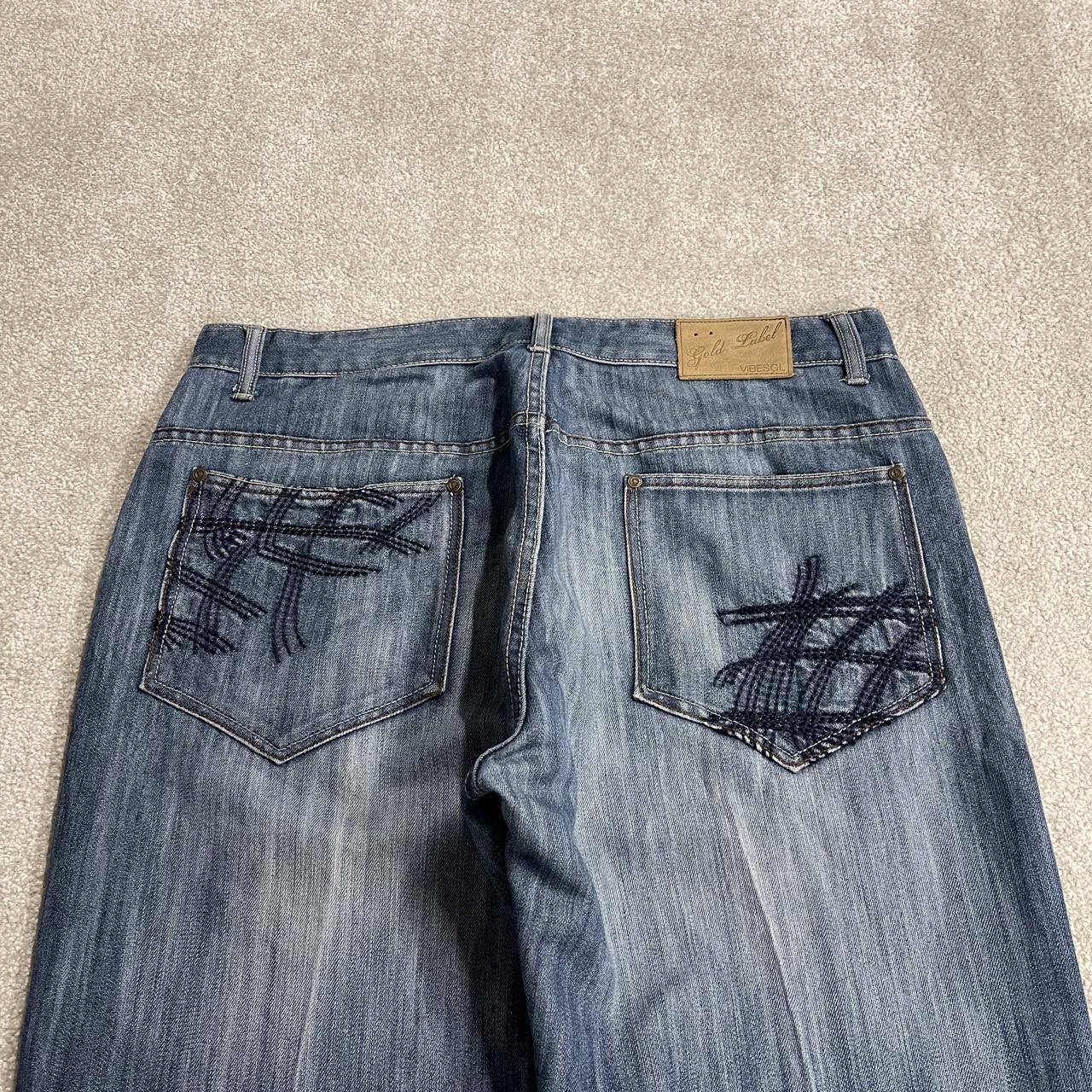 Y2K baggy embroidered jeans washed blue denim W38L34Vibes Gold Label surf pants embroidered