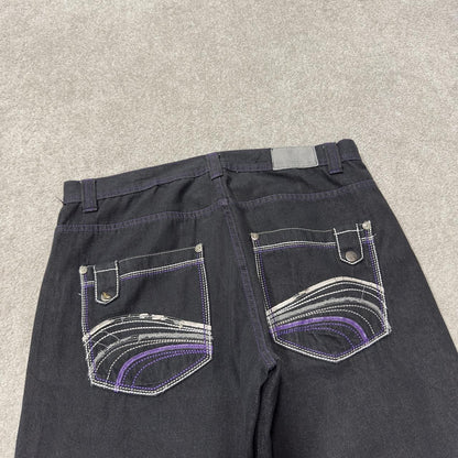 Y2K embroidered baggy jeans W38L31 2000s black Loose fit Rich Kid Jeans skater surf style jeans