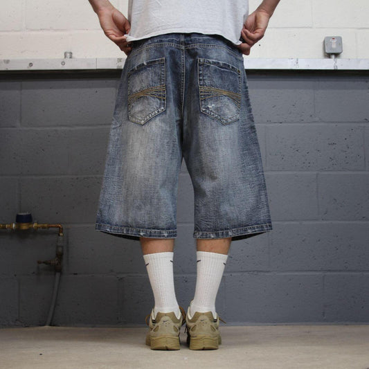 Baggy Y2K embroidered shorts long leg blue Halifax skater style brand surf jorts