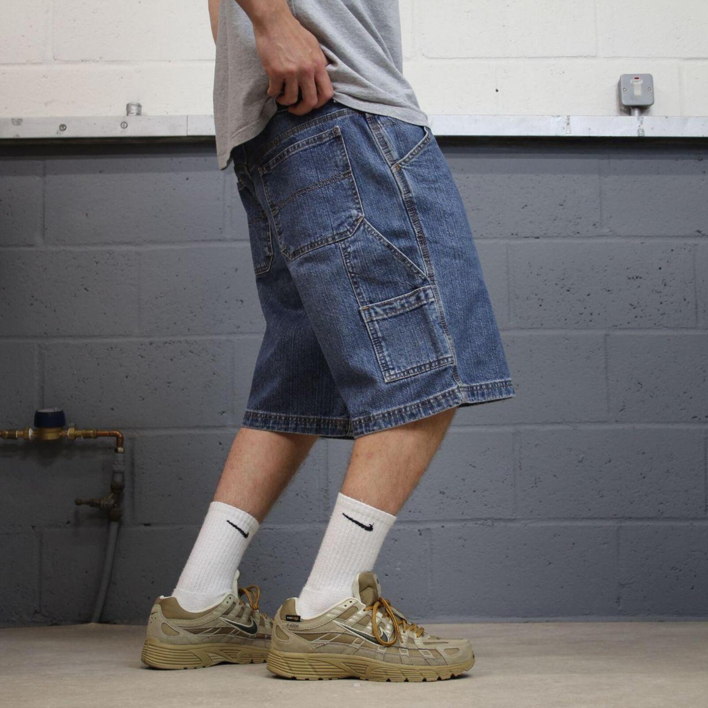 Denim carpenter shorts cargo loose blue Faded Glory skater style surf jorts