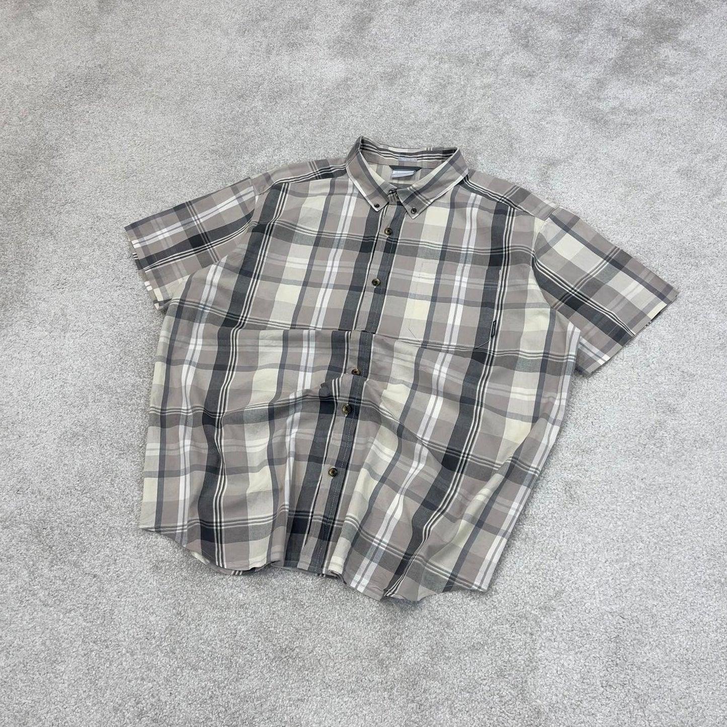 Beige checkered Columbia technical shirt XL men's short sleeve button up autumn y2k style