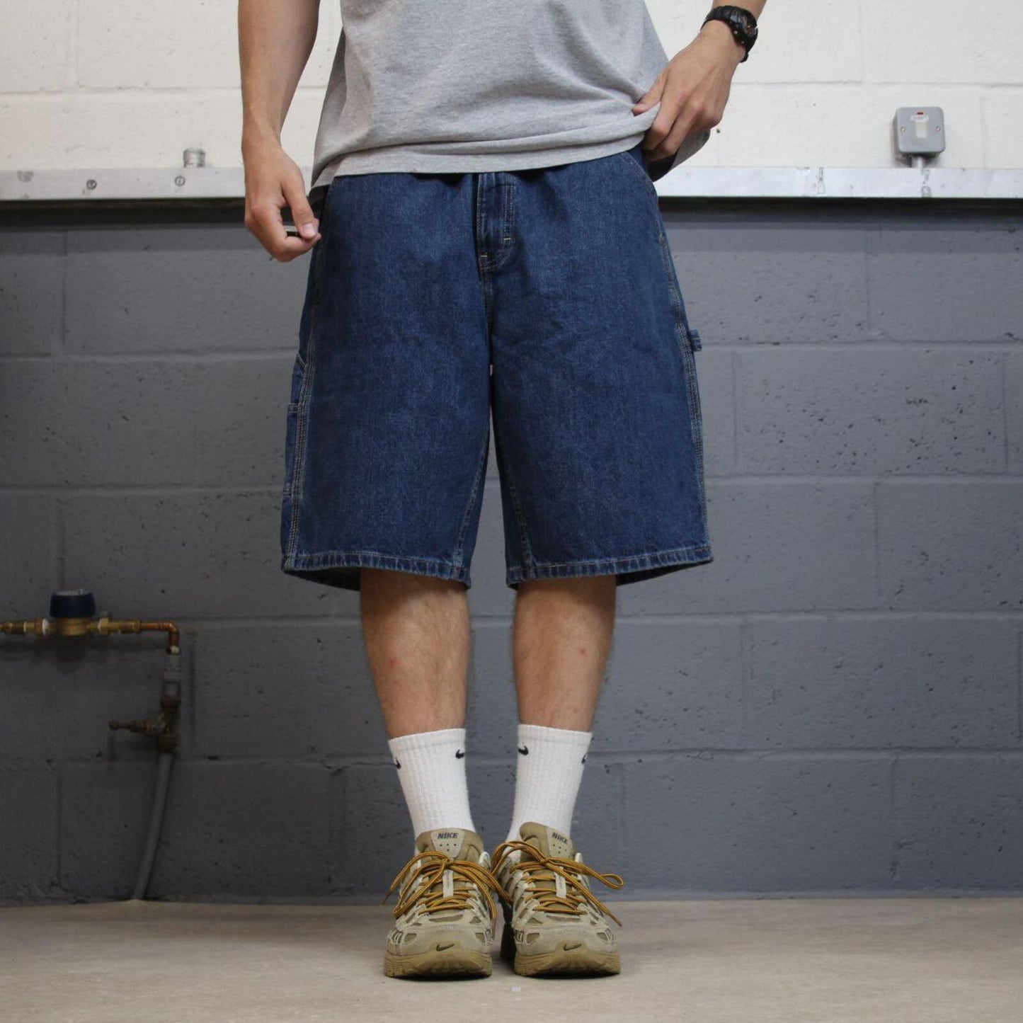 Denim carpenter shorts loose leg blue George skater style summer festival cargo jorts