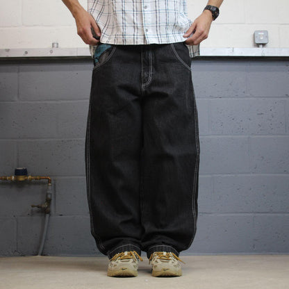 Baggy embroidered jeans y2k W36L31 black LOT29 wide leg skater style pants big embroidered designs