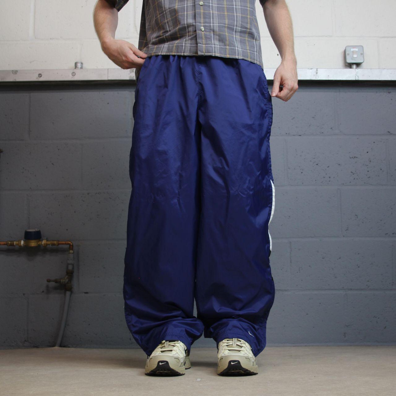 Y2K baggy Nike tracksuit bottoms navy Large drawstring swoosh logo full zip legs track pants