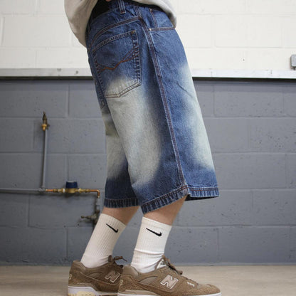 Y2k long baggy denim shorts skater style blue Jordan Craig wide leg summer festival jorts