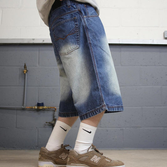 Y2k long baggy denim shorts skater style blue Jordan Craig wide leg summer festival jorts