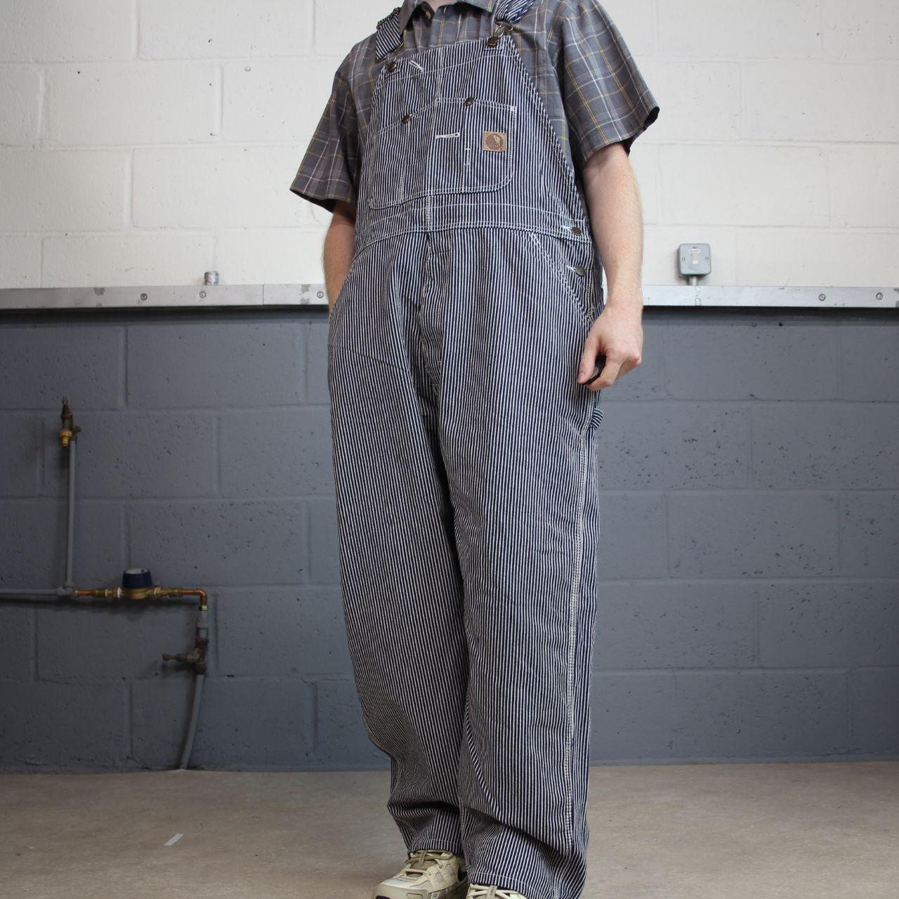 Vintage striped denim dungarees 00s Berne overalls navy