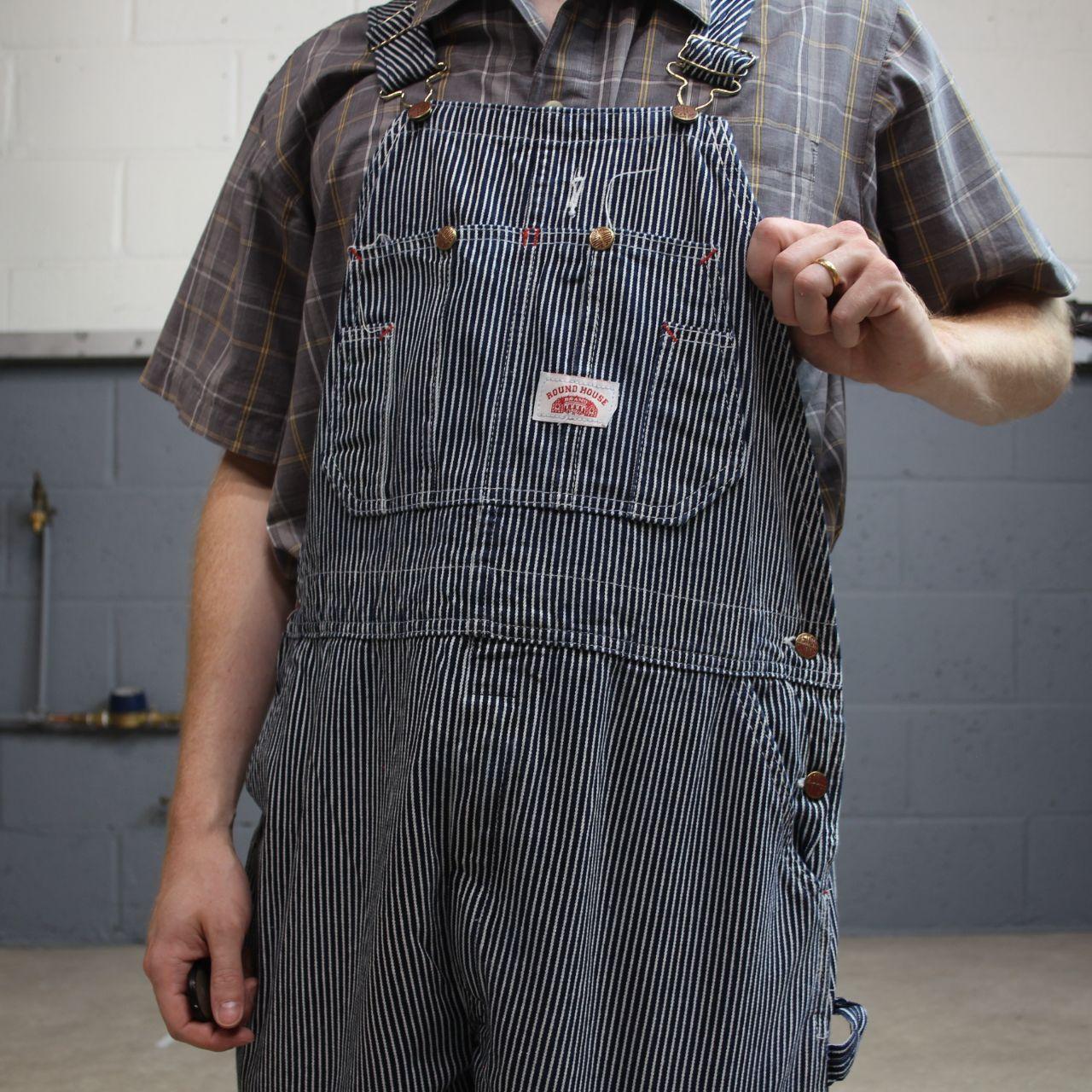 Vintage stripe denim dungarees 00s round house overalls blue Patch logo and adjustable straps