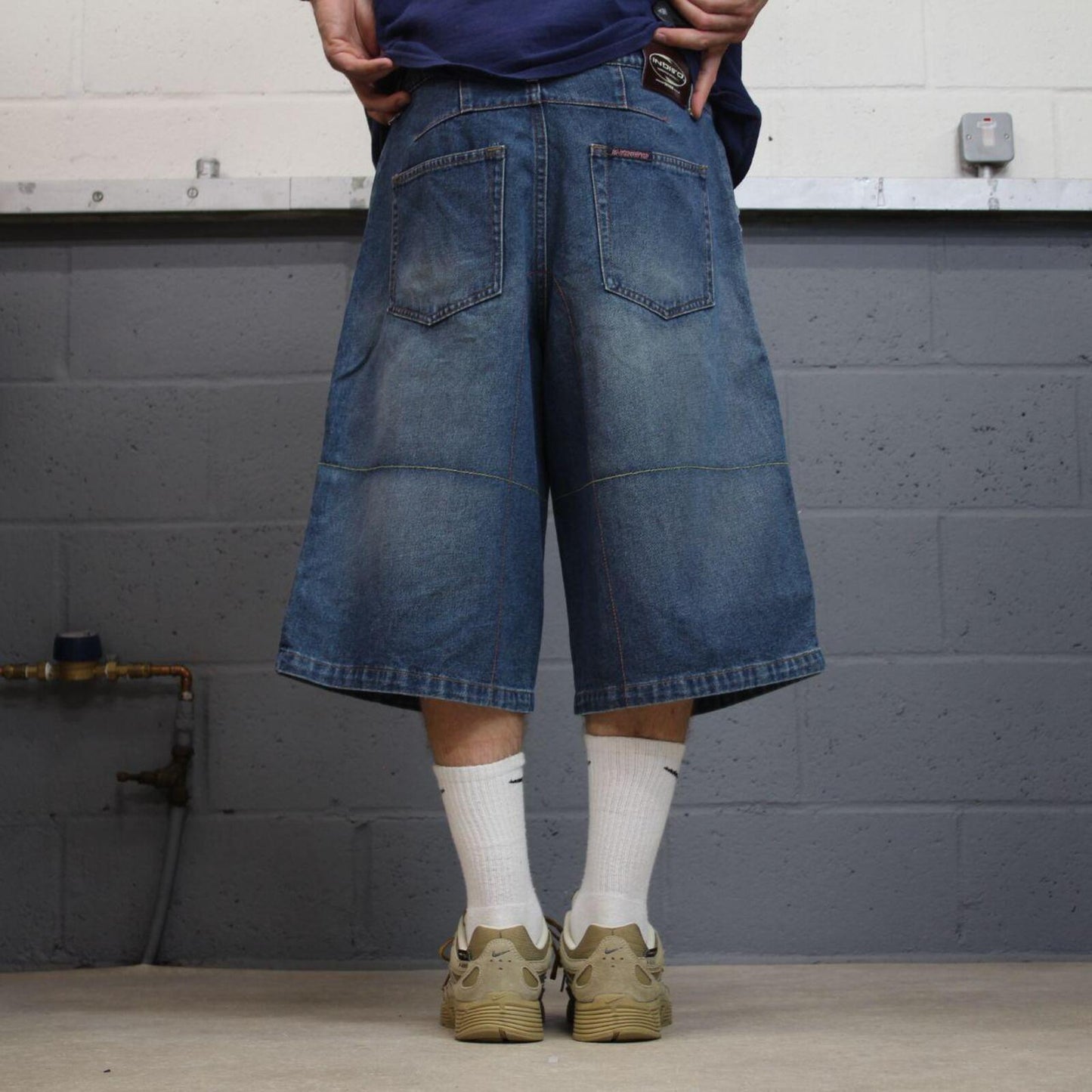 Y2K long baggy denim shorts blue Indigo denim skater style brand surf jorts