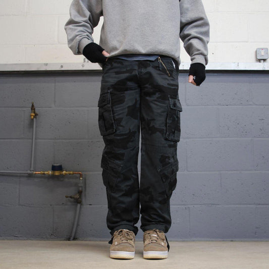 Camo cargo pants W30L31 navy grey camouflage straight y2k style carpenter trousers
