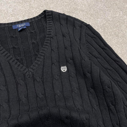 Y2K CHAPS cable knit sweater jumper black Embroidered logo v neck knitted pullover