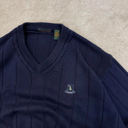 Navy IZOD Club chunky knit pullover jumper L embroidered logo V neck autumn y2k style