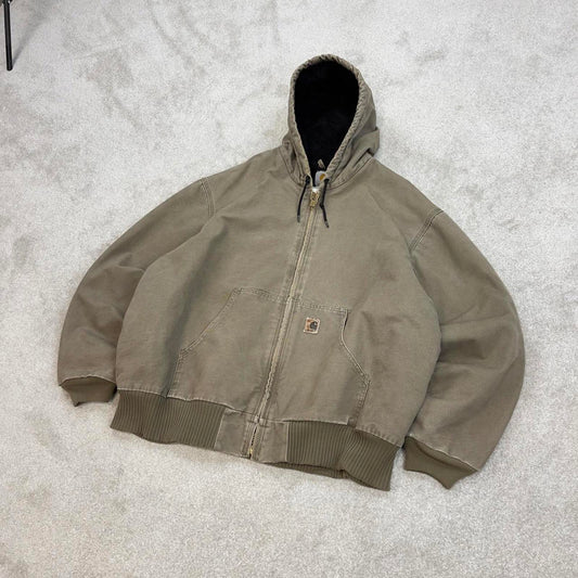 Vintage stone grey Carhartt hooded active jacket Large technical canvas 90s style skater bomber
