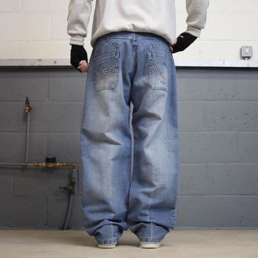 Y2k baggy skate jeans blue denim W36L32 Vintage Don loose 00s style pants embroidered casual autumn