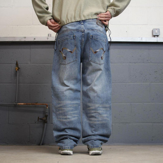 Y2K embroidered skater jeans 5ive Jungle W38L32 90s hip hop style jeans big stitch design