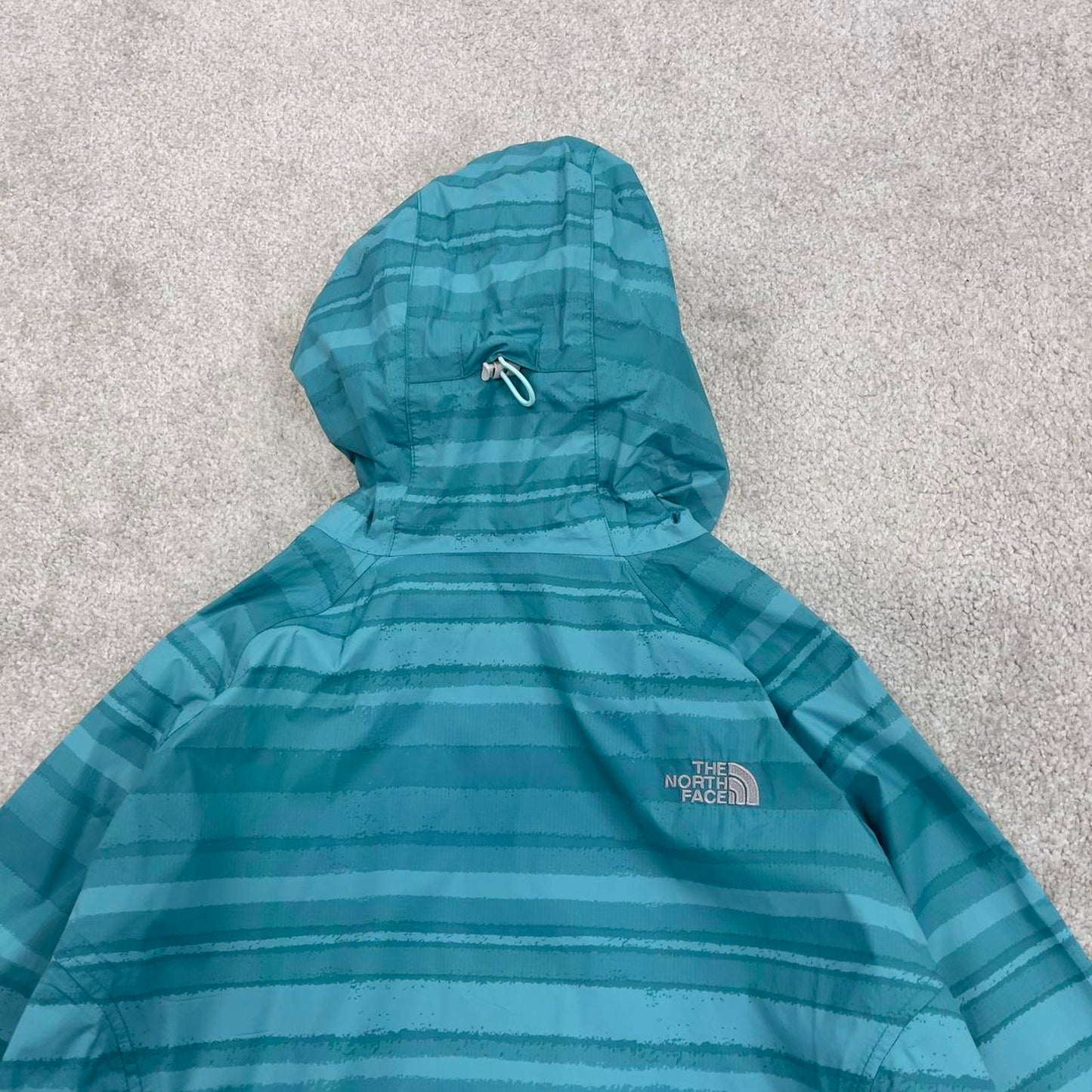 North Face technical jacket XL womens teal blue striped TNF HyVent 2.5L y2k style autumn windbreaker