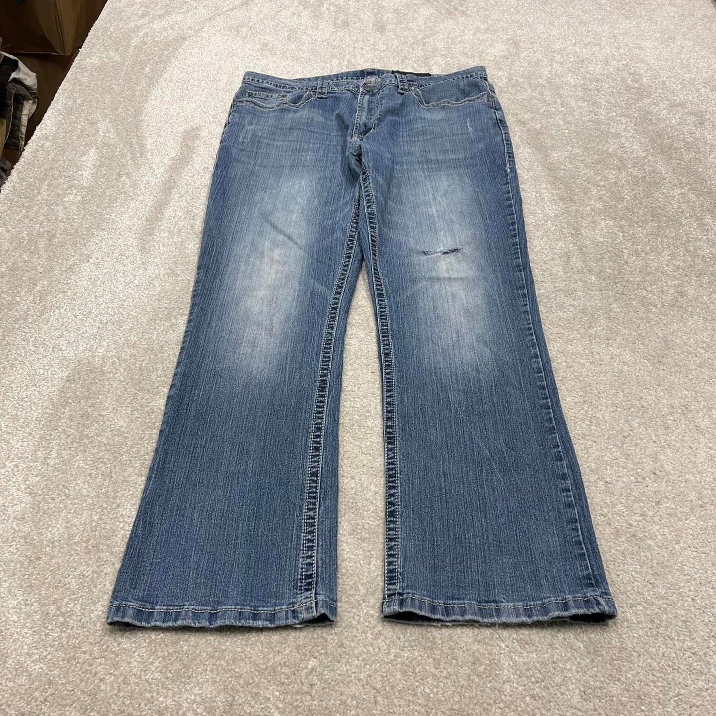 Y2k embroidered Axel bootcut jeans W38L32 blue denim stitched 00s skate style pants