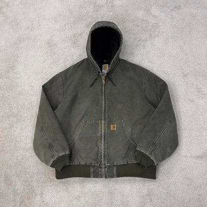 Vintage Green Carhartt hooded active jacket 2XL canvas bomber J130 MOS