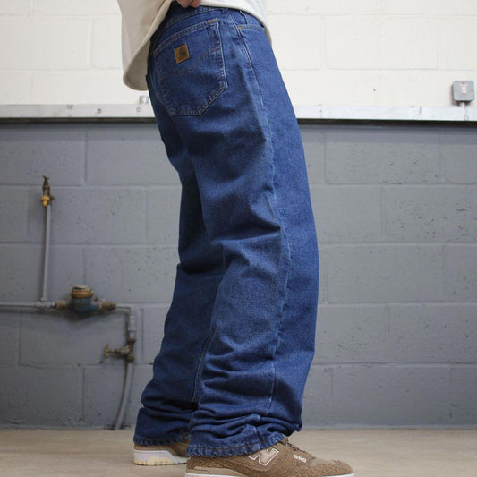 Blue Denim Carhartt flannel lined jeans W32L34 baggy 90s style thick denim loose leg
