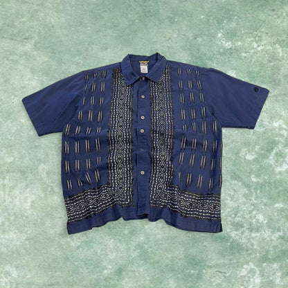 North Face funky pattern short sleeve shirt navy TNF boxy surf style summer festival shirt