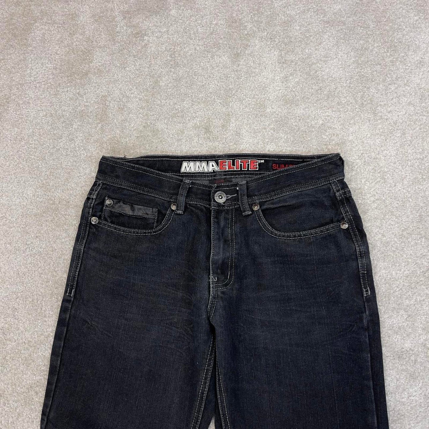Black MMA Elite jeans W30L30 slim straight y2k 00s style jeans embroidered stitch detail