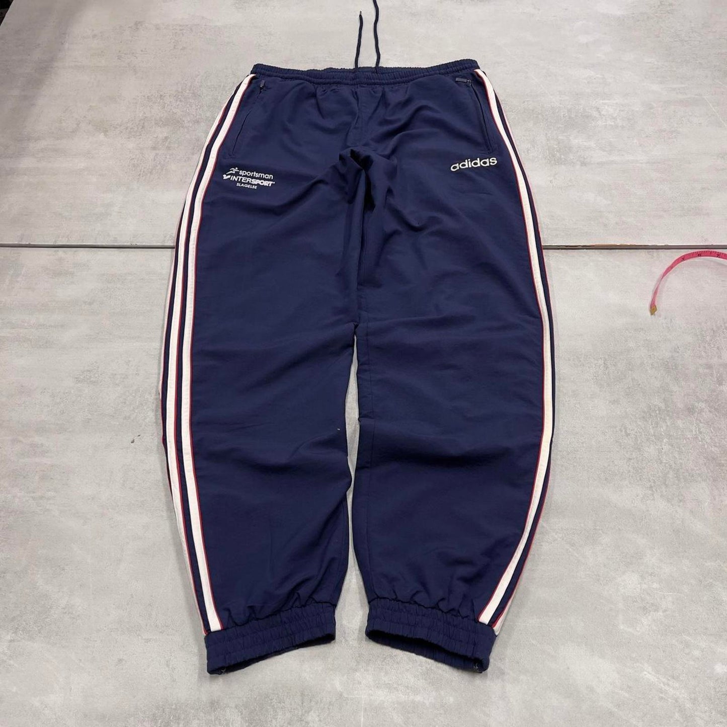 Navy Adidas trackies L y2k style sportswear track pants embroidered logo side stripe design