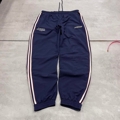 Navy Adidas trackies L y2k style sportswear track pants embroidered logo side stripe design