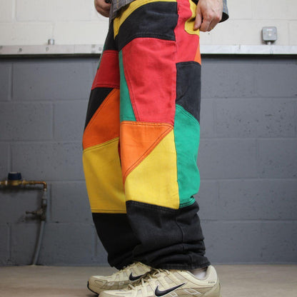 Y2K Wicked colour block patchwork jeans W32L33 multicoloured denim Loose festival rave pants