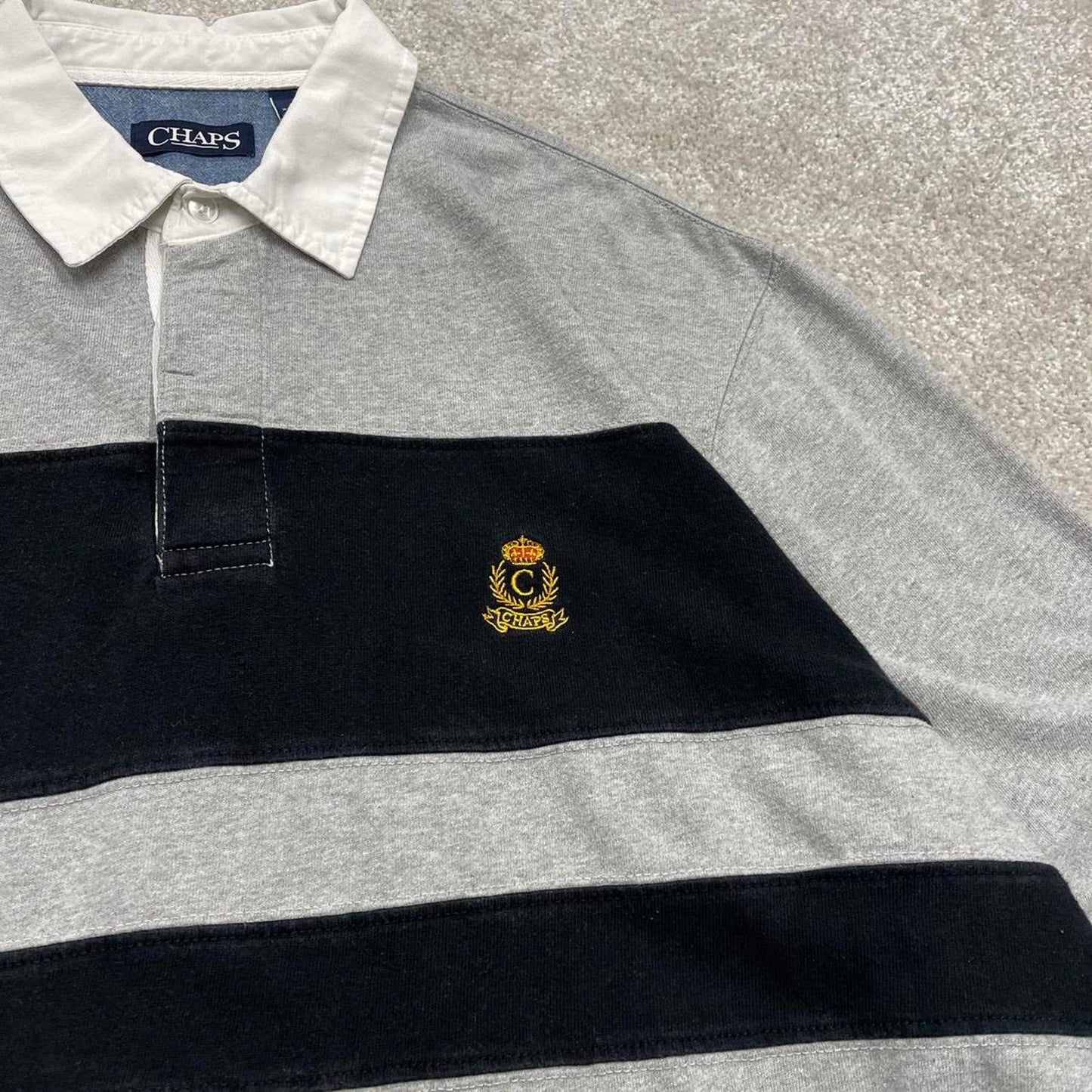 Vintage striped rugby shirt Chaps XXL mens grey colour block long sleeve polo top