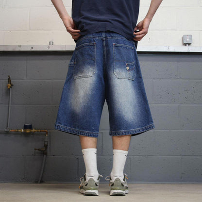 Y2k baggy carpenter shorts skater style blue Brooklyn Xpress long wide denim summer festival jorts