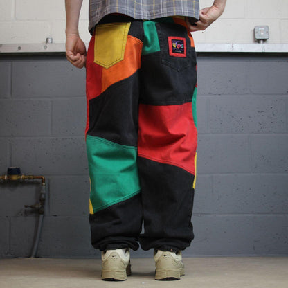 Y2K Wicked colour block patchwork jeans W32L33 multicoloured denim Loose festival rave pants