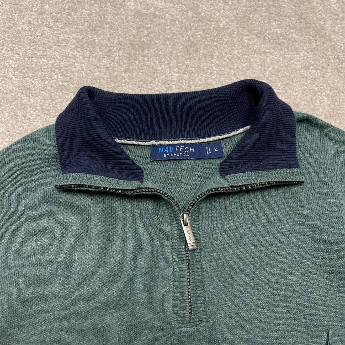 00s Nautica knit sweater jumper embroidered XL men's green knitted 1/4 zip pull over y2k 90s style