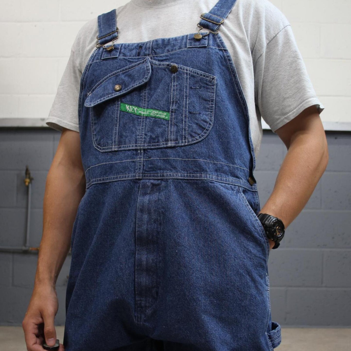 Vintage y2k denim dungarees loose leg blue Key workwear bib & brace overalls utility
