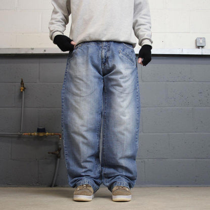 Y2k baggy skate jeans blue denim W36L32 Vintage Don loose 00s style pants embroidered casual autumn