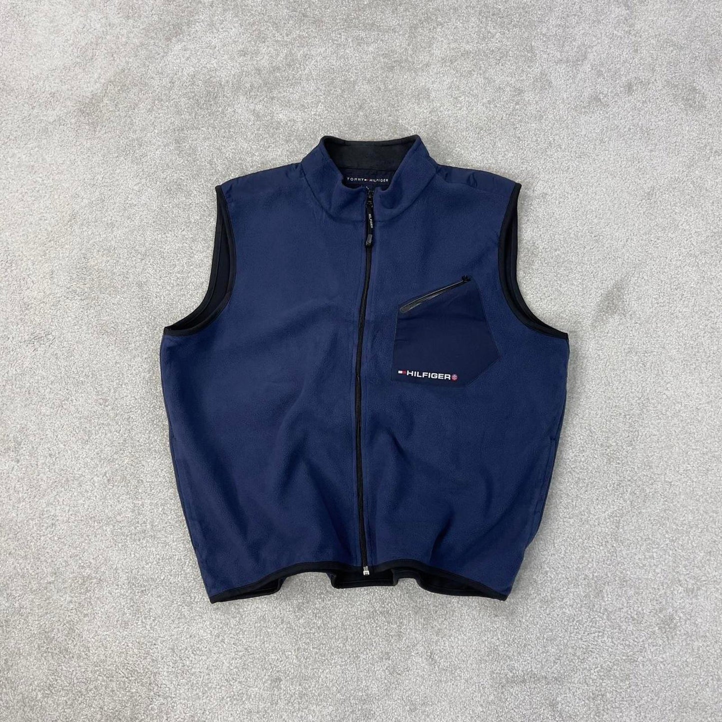 Tommy Hilfiger technical fleece gilet Large Y2K navy full zip up spellout logo