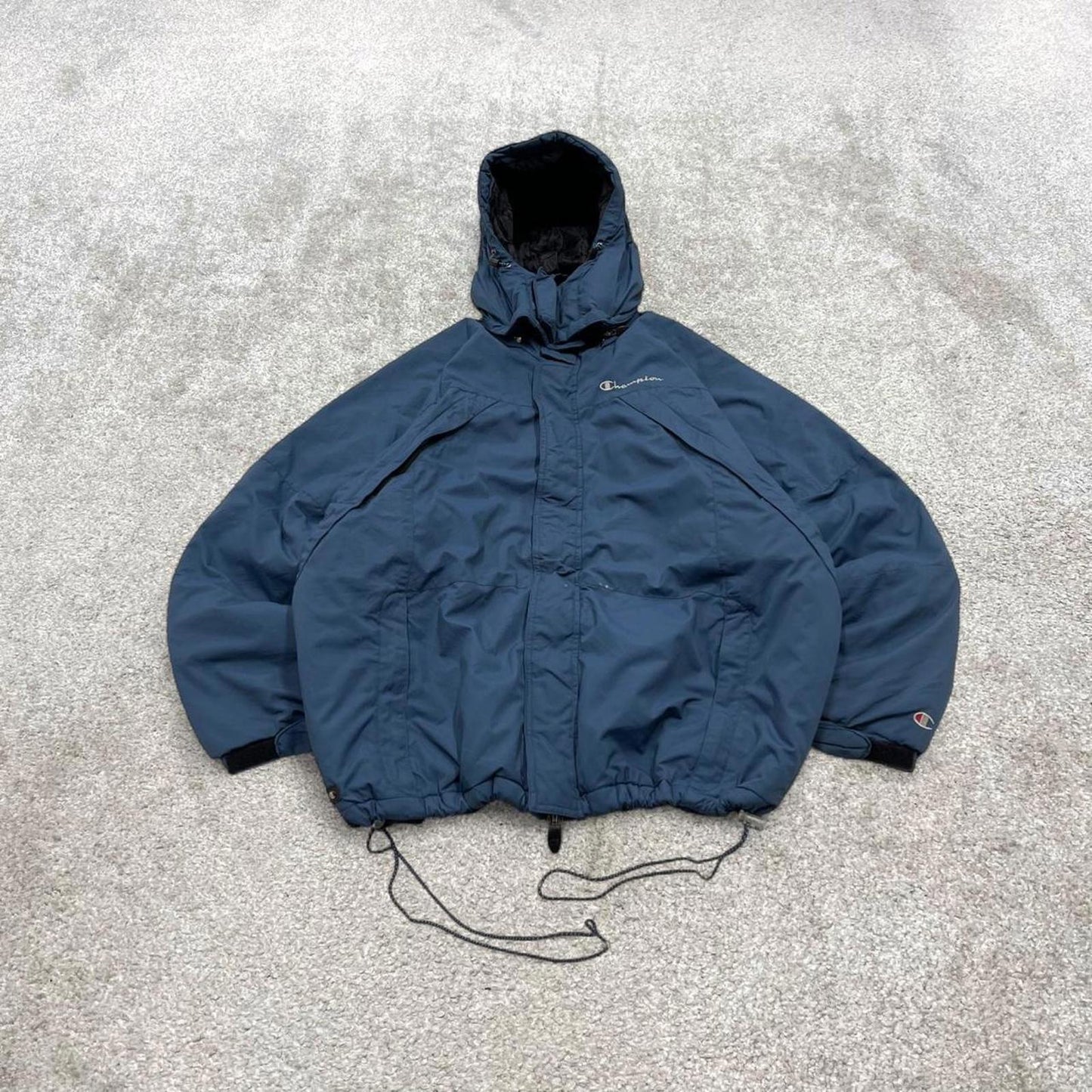 Y2K Champion technical windbreaker jacket blue Padded fleece lined thick embroidered hooded coat