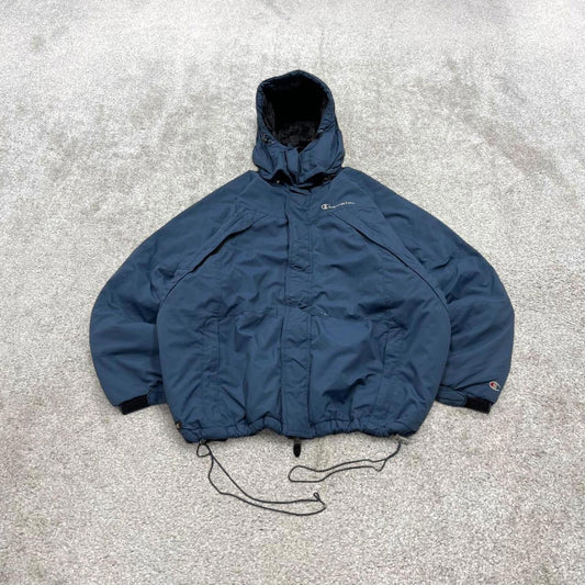 Y2K Champion technical windbreaker jacket blue Padded fleece lined thick embroidered hooded coat