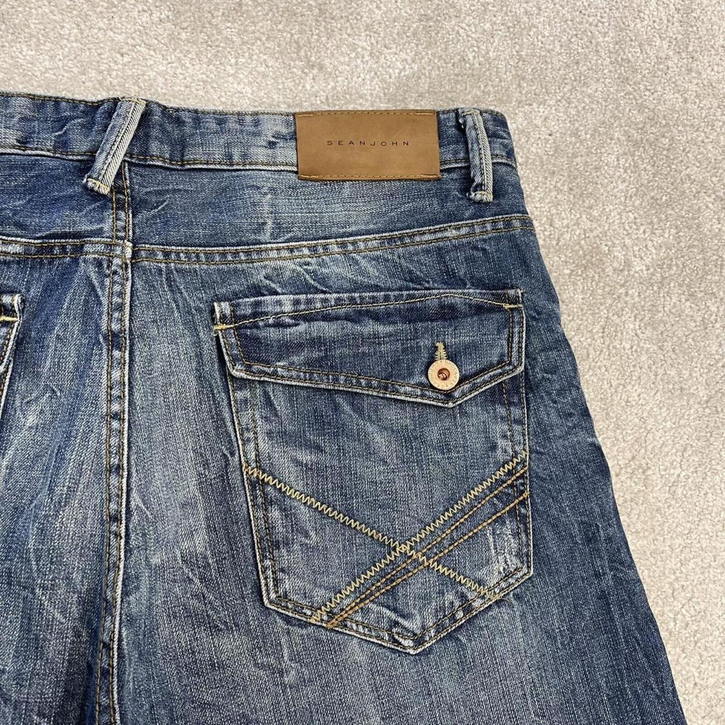 Y2K baggy embroidered shorts long blue Sean John skater style surf jorts