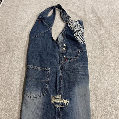 Johnny Blaze dungarees baggy y2k denim blue The Worriors embroidered bib overalls skater