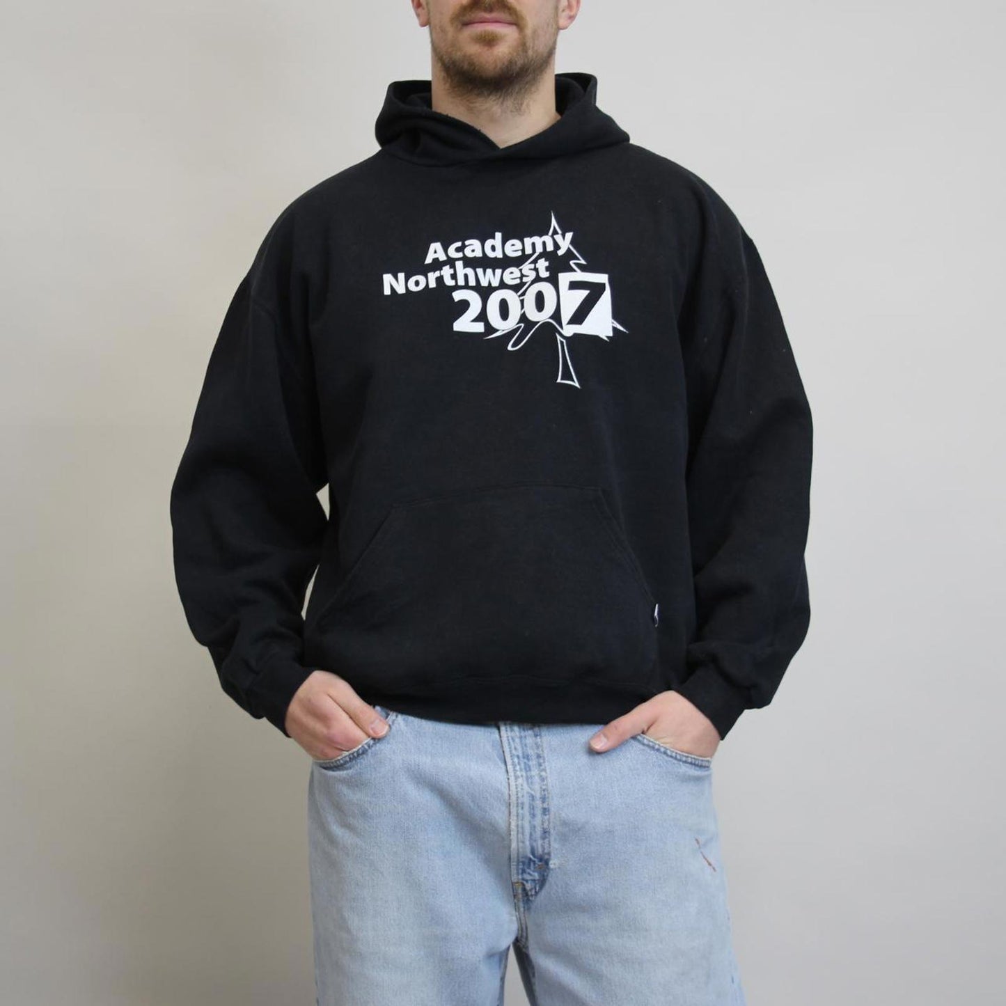 Black Russell Athletic hoodie XL Pullover jumper with print design and logos
