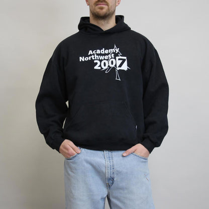Black Russell Athletic hoodie XL Pullover jumper with print design and logos