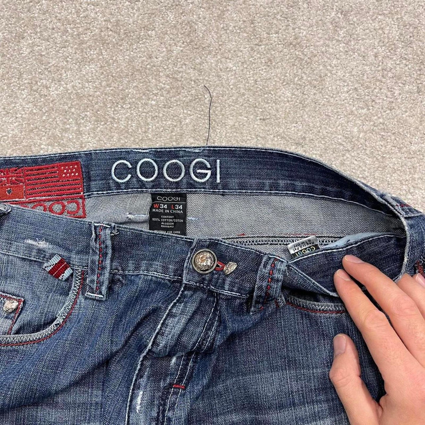 Vintage y2k embroidered COOGI jeans W34L34 loose blue denim embroidered skate style hip hop pants