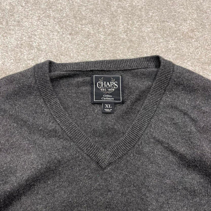 Y2K CHAPS knit sweater jumper grey Embroidered logo cotton v neck cashmere knitted pullover