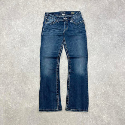 Blue Silver y2k style jeans W29L30 embroidered designs