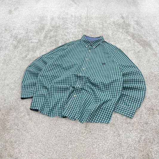 00s checkered Chaps technical shirt 2XL men's green long sleeve button up autumn y2k style