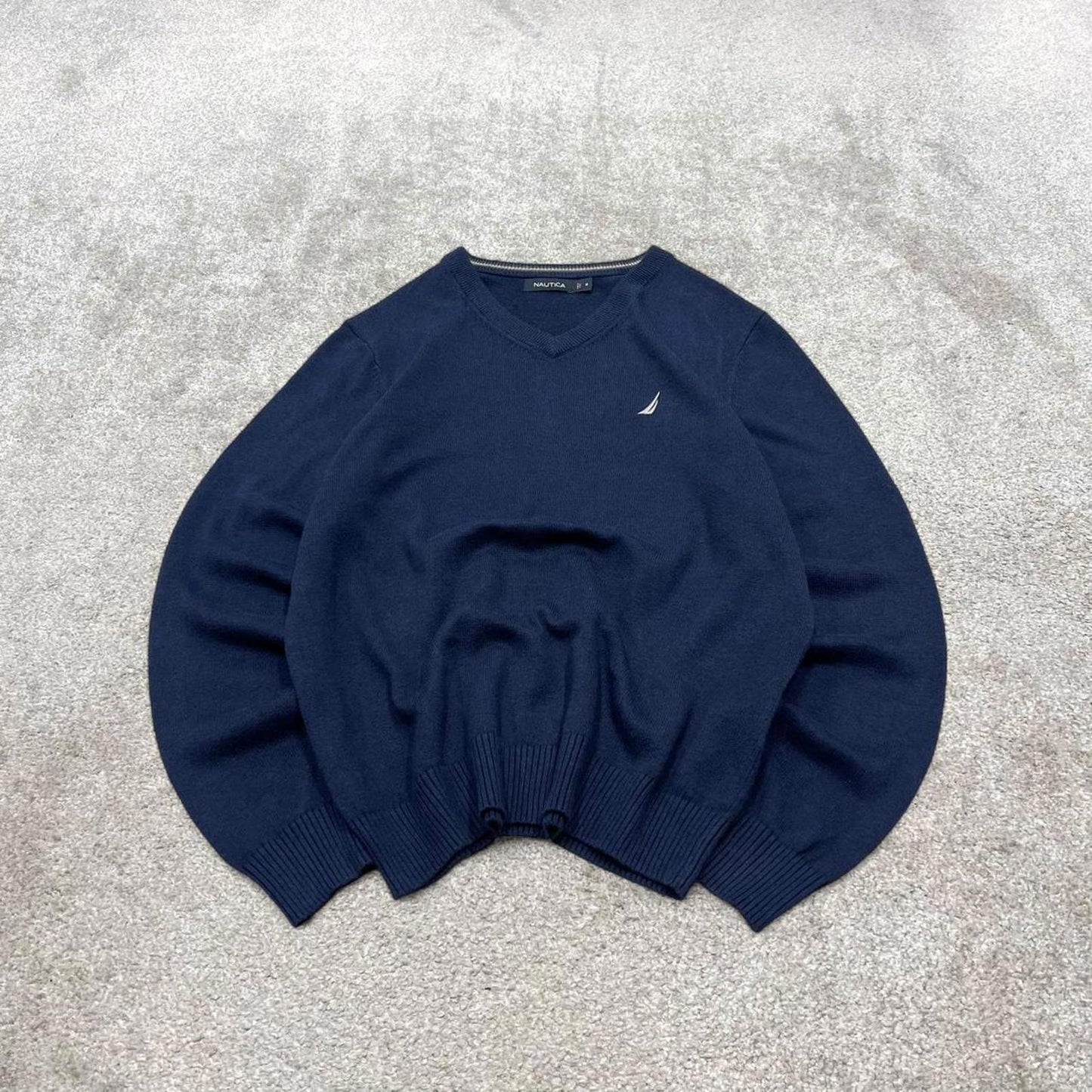 00s Nautica knit sweater jumper embroidered medium men's navy knitted pull over y2k 00s style
