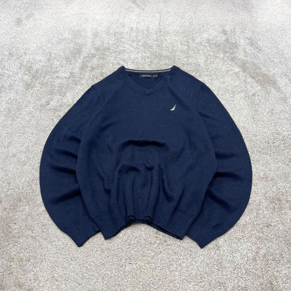00s Nautica knit sweater jumper embroidered medium men's navy knitted pull over y2k 00s style