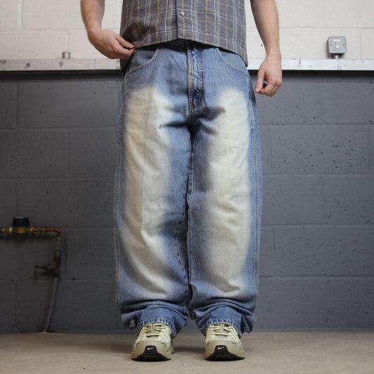Y2K baggy embroidered jeans blue denim W34L34 Brock loose surf style pants